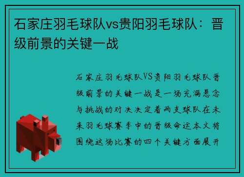 石家庄羽毛球队vs贵阳羽毛球队：晋级前景的关键一战